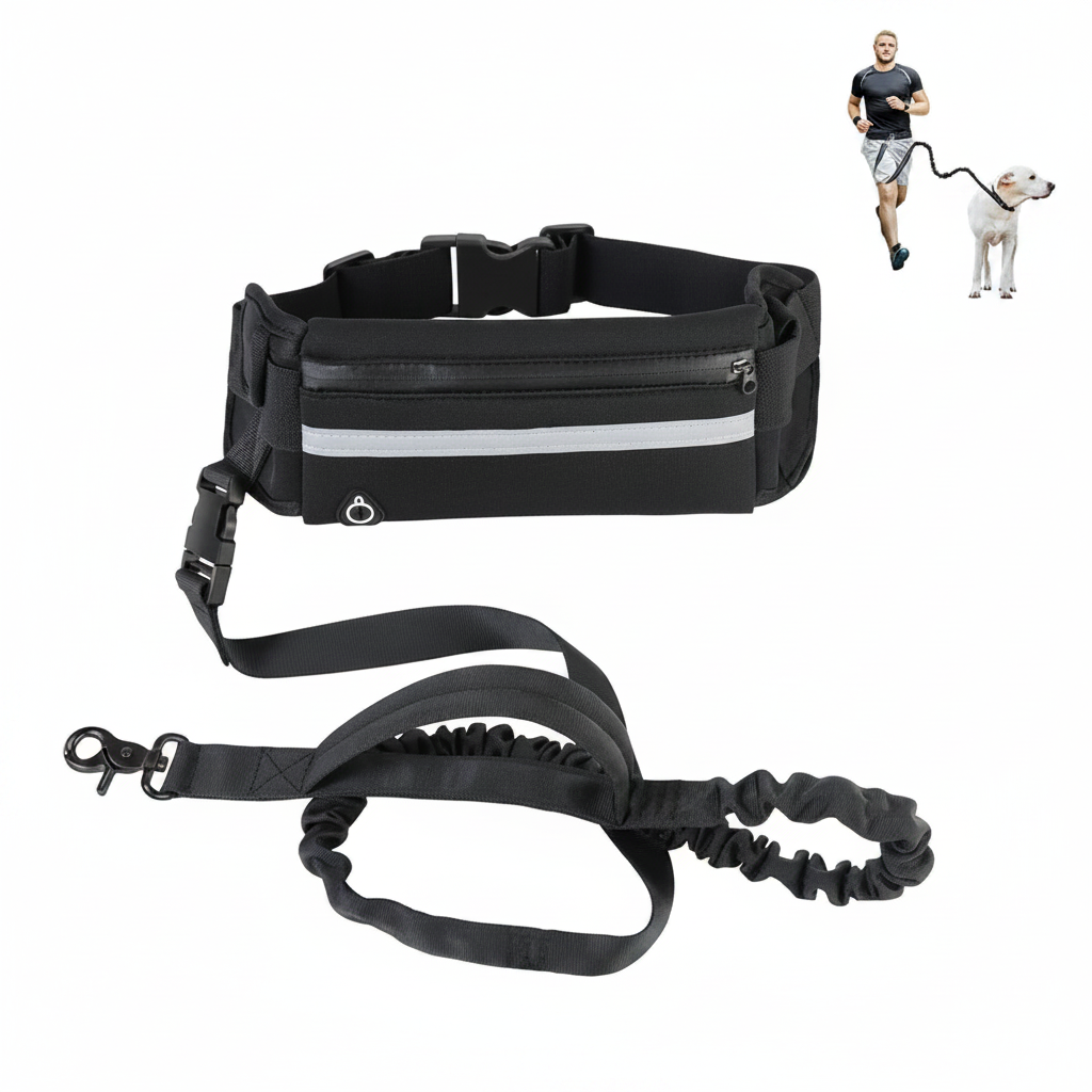 Hands-free dog running leash with waist belt pack on white background
