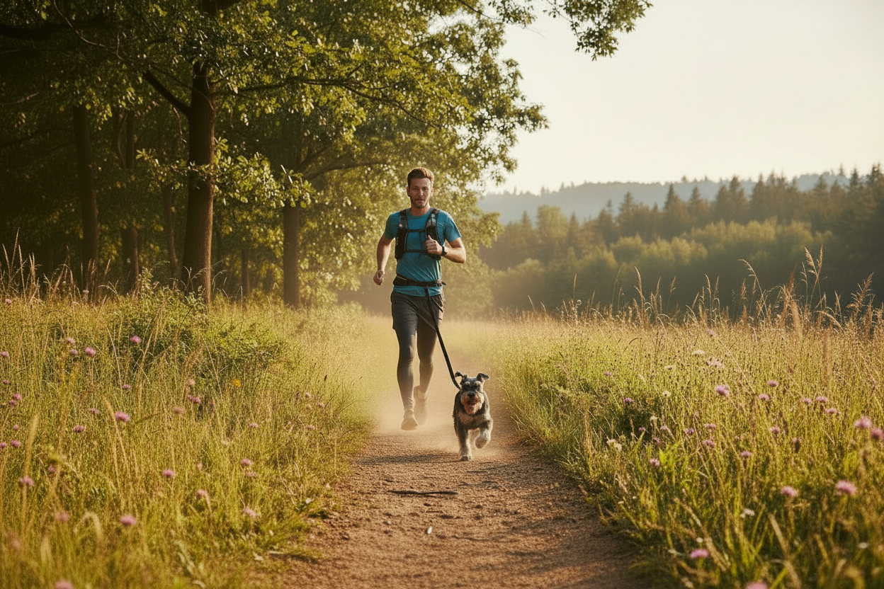 Person running on a trail with a schnauzer using a hands-free waist leash
