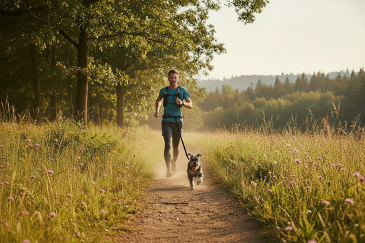 Person running on a trail with a schnauzer using a hands-free waist leash